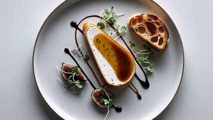 Top-down view of a full round plate featuring a slice of foie gras torchon with a balsamic...