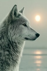 Fototapeta premium Frosty Gray Wolf at Sunset Over Calm Water