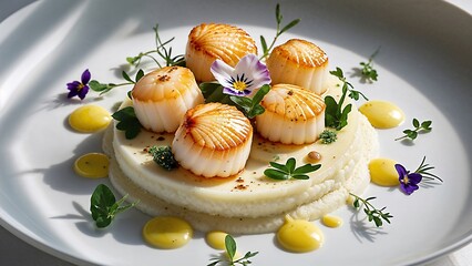 Top view of a complete fine dining seafood dish: full plate featuring golden Hokkaido scallops atop...