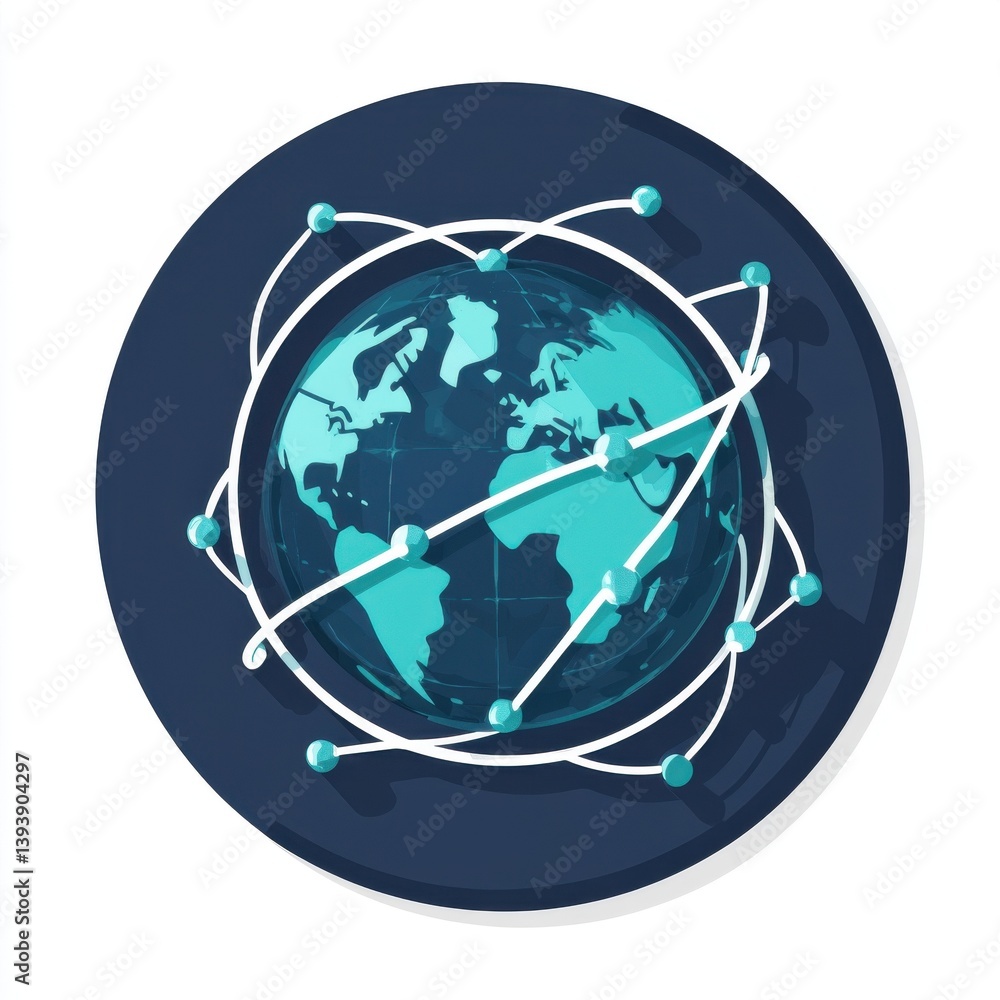 Aufkleber supply chain and logistics. global network connection: teal globe with interconnected lines
