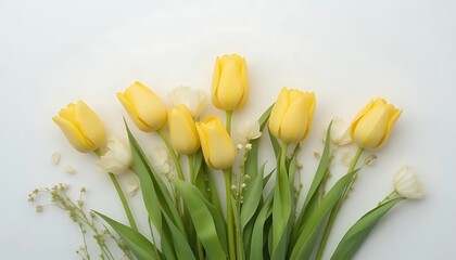 Naklejka premium Yellow tulips, white background, minimal floral arrangement, spring flowers