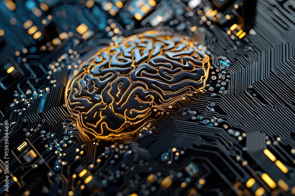 Poster a digital brain integrated into a circuit board, symbolizing ai and neural networks.
