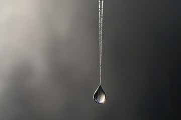 A single dewdrop hangs delicately from a spider silk, glistening in the soft light.