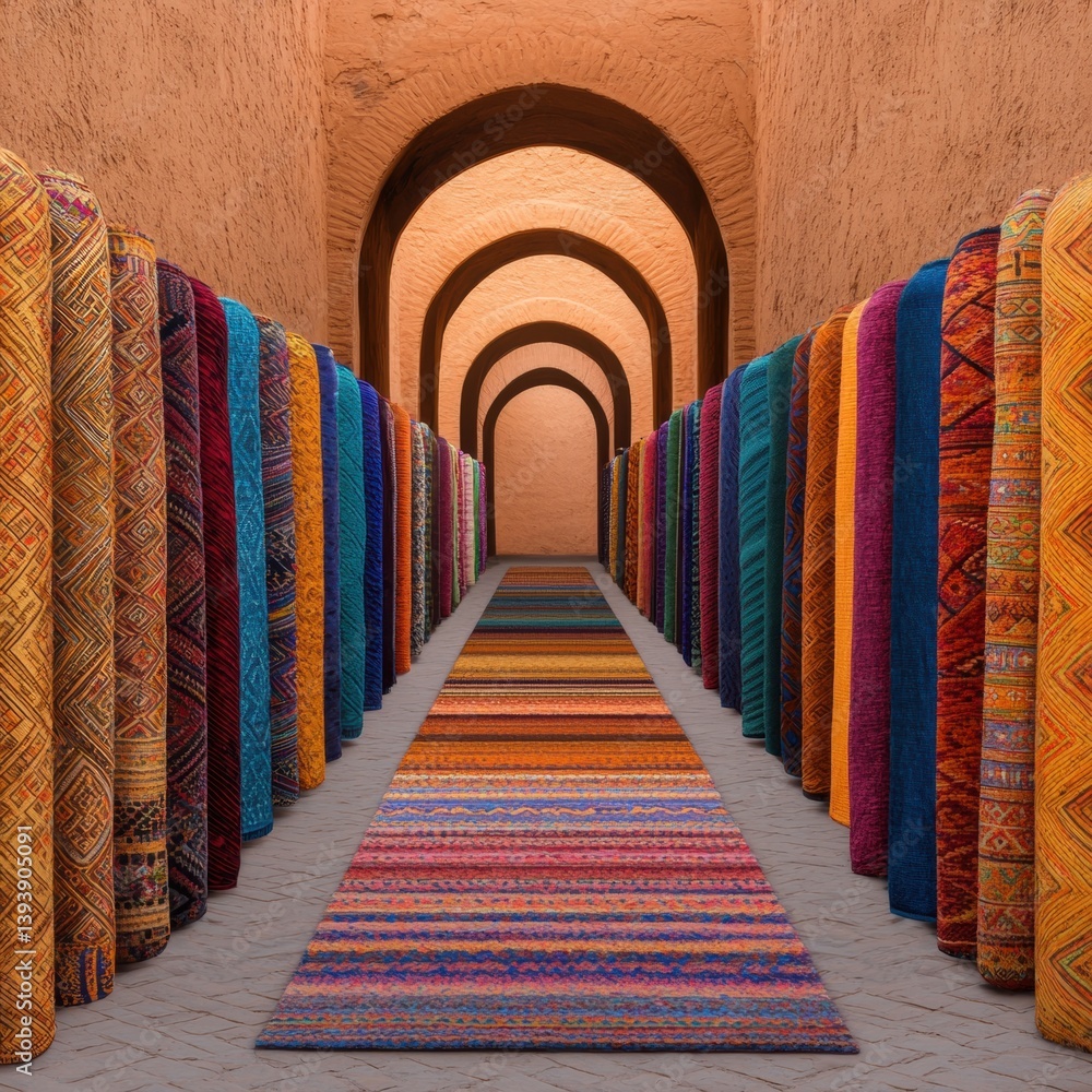 Poster a vibrant corridor lined with colorful rolled rugs, showcasing intricate patterns against an earthy 