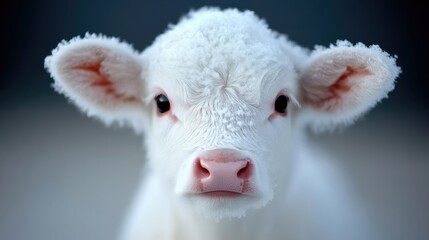 Fototapeta premium Adorable, snowy white calf, close-up. A tiny, fluffy, white calf, covered in frost, stares directly at the camera. Its delicate features, including large, dark eyes and a rosy pink nose,