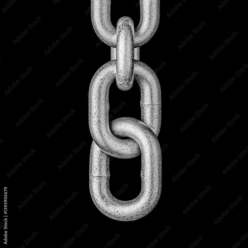 Poster a close-up image of a metallic chain link against a black background, emphasizing its texture and st