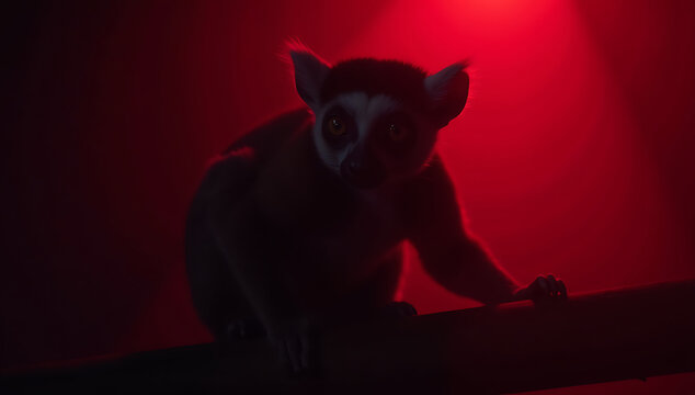 Lemur Silhouetted Against Glowing Red Background

