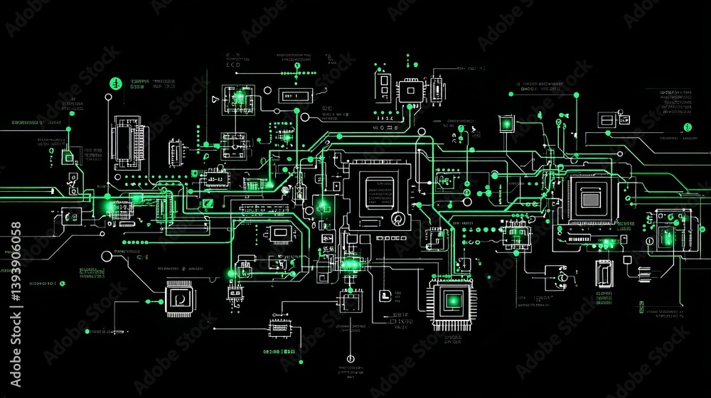 Poster simple circuit board line pattern with intricate connections, minimalistic design, showcasing techno