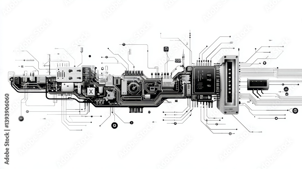 Poster simple circuit board line pattern with intricate connections, minimalistic design, showcasing techno