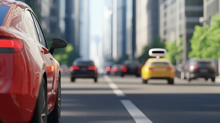 Fototapeta premium Smart City Development with Urban Innovation and Advanced Security Systems, A bustling city street with various cars, including a red vehicle and a yellow taxi.