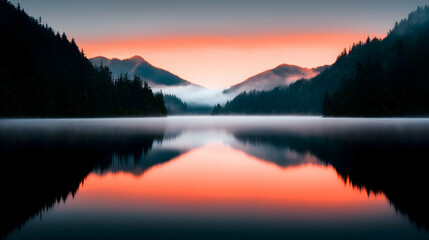 Obraz premium Serene Sunrise Over Mountain Lake and Island