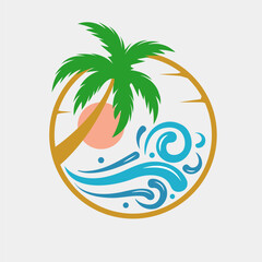 Tropical Sunset Logo Beach Vibes with Palm Tree and Waves Icon Vector