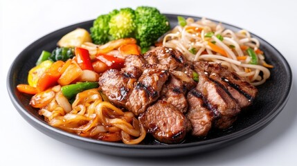 Fototapeta premium Grilled steak with assorted vegetables and noodles. A colorful and flavorful plate features sliced grilled steak, vibrant vegetables, and stir-fried noodles.