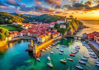 Fototapeta premium Breathtaking Aerial Panoramic View of San Vicente de la Barquera Spain Coastal Charm and Dramatic Cliffs