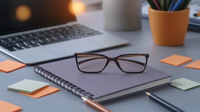 Desk setup with laptop, glasses, notebook, pens, notes and plant pot on neutral grey surface