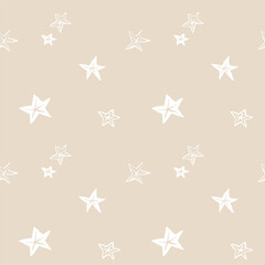 Seamless pattern with hand-drawn starfish on beige background. Nautical marine repeat design in minimalist line art style. 