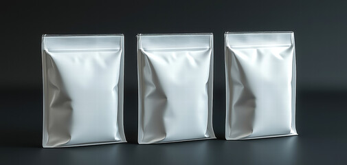 clear photo realistic image of three white stand up pouches arranged in row, showcasing their sleek design and smooth texture against dark background. pouches evoke sense of modern packaging