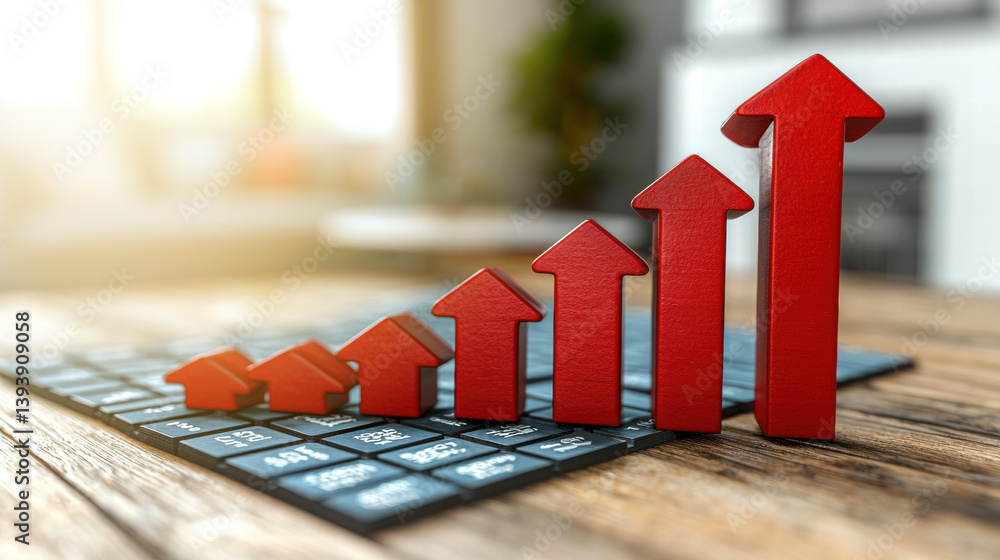 Poster clear photo realistic image of graph showing increasing upward trends with red arrows on wooden table, symbolizing economic growth and success, perfect for commercial advertising