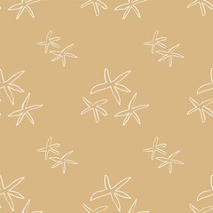 Seamless pattern with hand-drawn starfish on yellow sandy background. Nautical marine repeat design in minimalist line art style. 