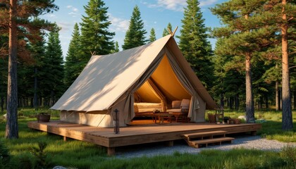 Glamping tent standing amid lush forest, providing serene retreat with warm sunset illuminating canvas and surrounding woodland landscape