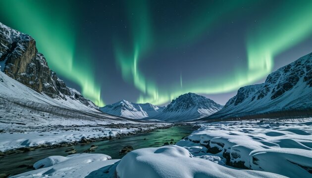 Northern lights dancing over snow capped mountains, casting ethereal hues across winding river valley beneath starlit winter sky