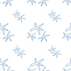 Seamless pattern with hand-drawn blue starfish on white background. Nautical marine repeat design in minimalist line art style. 