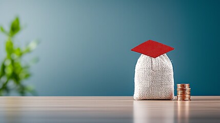 Education funding depicted with a stack of coins, bag, and graduation cap
