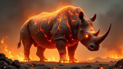 A majestic lava rhinoceros stands amidst fiery volcanic landscapes, exuding an aura of strength and raw energy.