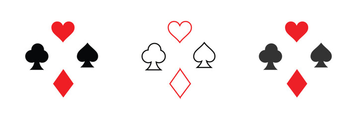 Playing card set, Four playing card suits icon set. Poker cards suits. Hearts, clubs, diamonds, spades ace. Winning poker hand. Casino gambling concept. Isolated on transparent .Vector Illustration . 
