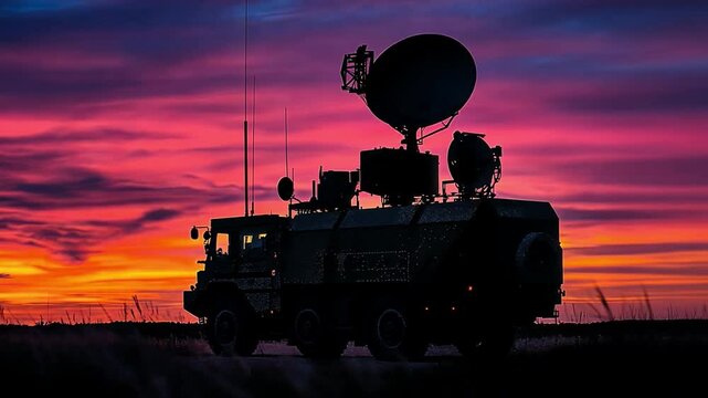 Silhouette of Surveillance Vehicle Under Sunset Sky: The stark silhouette of a surveillance vehicle, a symbol of cutting-edge technology, stands boldly against a fiery sunset sky.