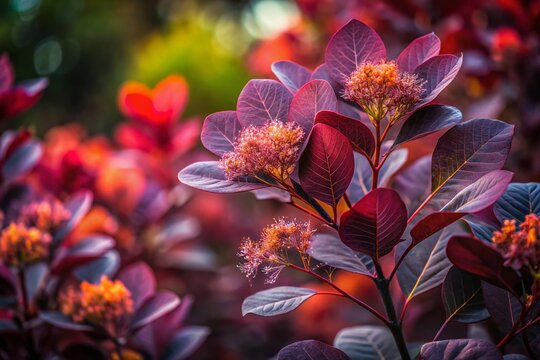 Dark Burgundy Cotinus Blooms in Low Light Garden Photography