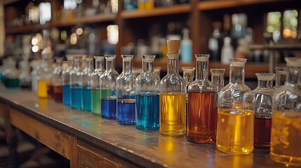 Colorful liquids in glass bottles on a wooden table.