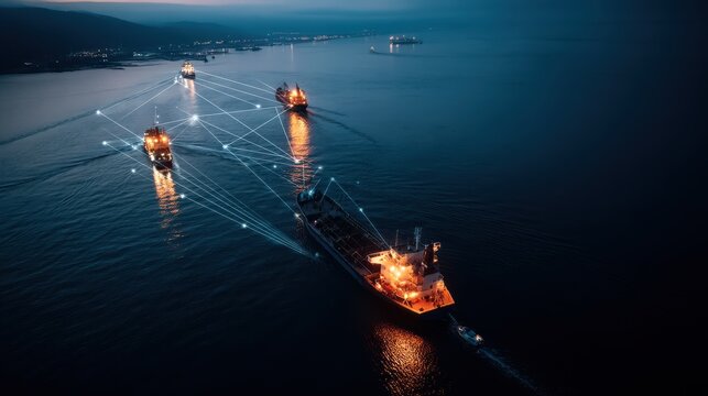 Cargo Ships at Sea with Digital Connection Overlay, Night