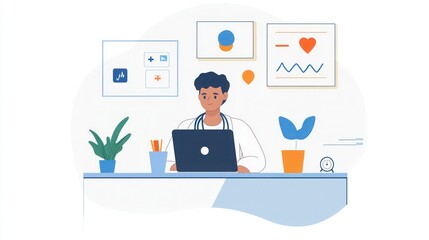 A bright and clean office with a young doctor analyzing data on a laptop, ad success charts visible