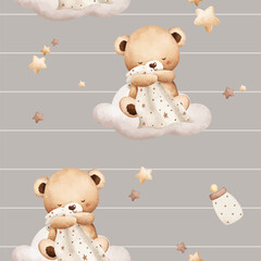 Watercolor Cute Baby Bear Seamless Pattern