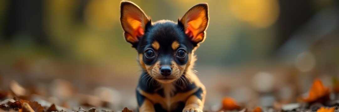 Curious little minpin pup looking directly at the viewer, pet, puppy