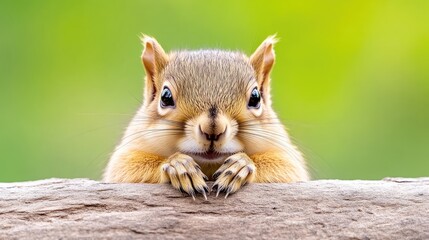 Cute squirrel peeking from behind log