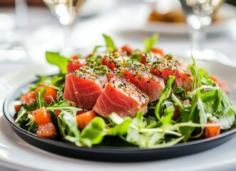 Seared Tuna Salad with Fresh Greens and Tomatoes Ready to Eat