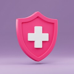 Obraz premium A pink shield with a white cross symbolizing healthcare protection and well-being against a soft purple background.