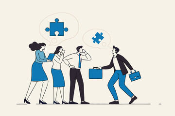 Offer solution to solve problem, consultant or manager advice to team member, finish or complete missing piece to fit the job concept, businessman offer missing jigsaw piece to complete the puzzle.