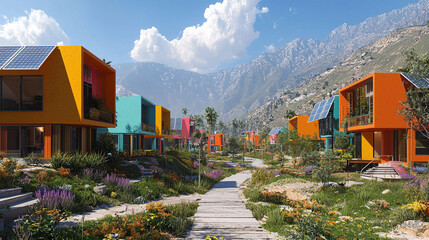 Colorful eco-village nestled in mountain valley, sustainable homes, sunny day