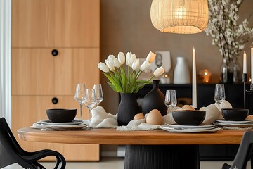
A modern Easter table with black and white contrasts, organic textures, and soft lighting. Tulips and festive elements create an inviting space that celebrates spring in style.


