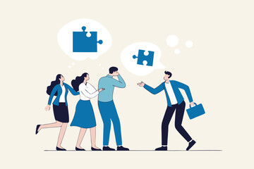 Offer solution to solve problem, consultant or manager advice to team member, finish or complete missing piece to fit the job concept, businessman offer missing jigsaw piece to complete the puzzle.