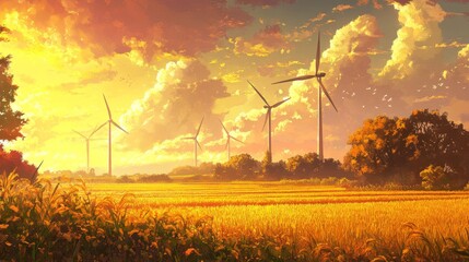 41.A serene and powerful image showing multiple wind turbines generating renewable energy over a rice field, with golden crops swaying gently beneath them, representing a future of clean energy and