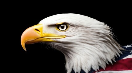 Fototapeta premium Majestic Bald Eagle Portrait with American Flag, Symbol of Freedom and Strength on a Dark Background