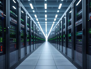 Modern high-tech server room corridor with rows of illuminated data servers, representing big data, online storage, fast communication, IT operations, and cloud systems


