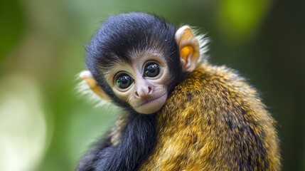 Obraz premium A baby monkey holding onto its motherâ€™s back, wide-eyed, --ar 16:9 --v 6.1 Job ID: 1c338f86-64d8-4a0b-b0a5-a77c363b30f9