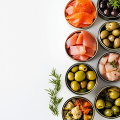Assortment of Open Cans with Fish, Olives, and Vegetables