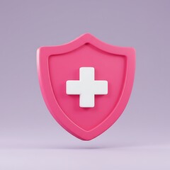 Obraz premium A pink shield with a white cross symbolizing healthcare protection and wellness, rendered in a clean, minimalist style against a soft lilac background.