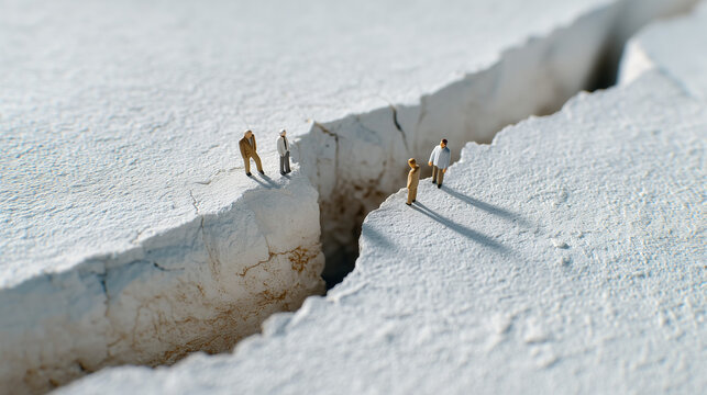 The Deep Divide: A thought-provoking visual metaphor where miniature figures stand at the edge of a vast chasm, symbolizing a divide in a conceptual representation.